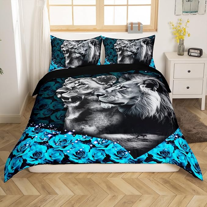 Lion Couple Duvet Cover Set King Size,Heart Shape Wild African Animal Comforter Cover with 2 Pillowcases,Blue Rose Flowers Modern Bedding Set for Adult Young Bedroom Xman Gift