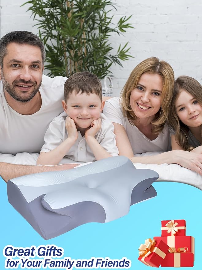 Orthopedic Neck Pillow - 2 in 1 Cooling Contoured Memory Foam Pillow, Butterfly Pillow for Side/Back/Stomach Sleepers with Removable Cover and Side Pocket (King, White & Gray)
