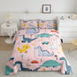Cute Dino Kids Comforter Set Queen Size,Cartoon Cars Dinosaur Rainbow Print Bedding Set for Women Adult,Kawaii Animal Vehicle Drawn Pink Luxury Bed Duvet Insert, 2 Pillowcases