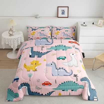 Cute Dino Kids Comforter Set Twin Size,Cartoon Cars Dinosaur Rainbow Print Bedding Set for Kids Boys Men,Kawaii Animal Vehicle Drawn Pink Quilted Duvet Set with 1 Pillowcase