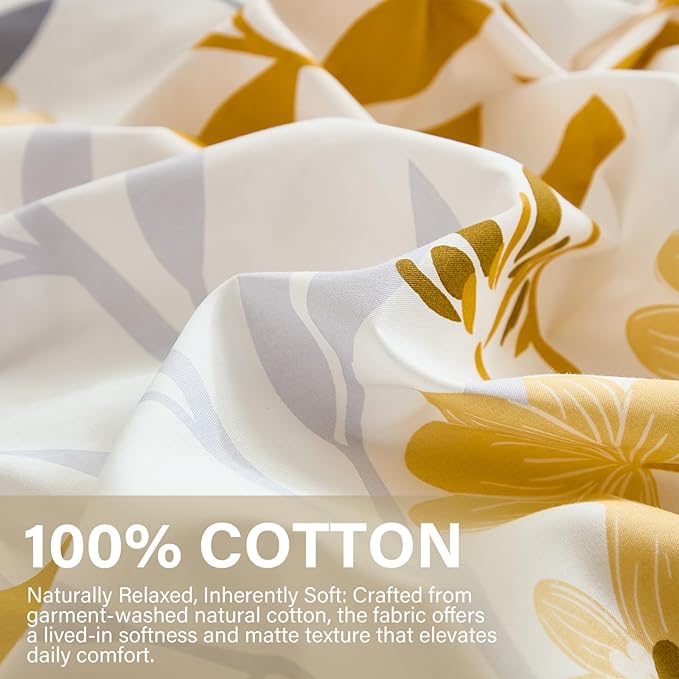 100% Cotton Duvet Cover Set Queen Size, Yellow Floral Bedding Set 3 Pcs Reversible Lightweight Comforter Cover for All Season(Queen, Yellow Botanical)