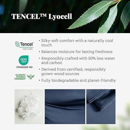 Tencel Duvet Cover Set, Twin/TwinXL Size Cooling Duvet Cover for Hot Sleepers, 100% Eucalyptus Lyocell, 2 Pieces, 1 Zipper Closure Duvet Cover (70" x 90") and 1 Pillowcases (20" x 30") - Navy