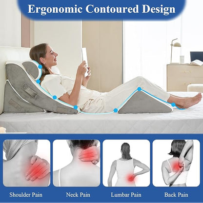 4PCS Orthopedic Bed Wedge Pillow Set, Post Surgery 45D Memory Foam for Back, Neck, and Leg Pain Relief Pleasing & Adjustable Support Pillows-Ease Acid Reflux & GRED with Better Sleep,White Light Grey