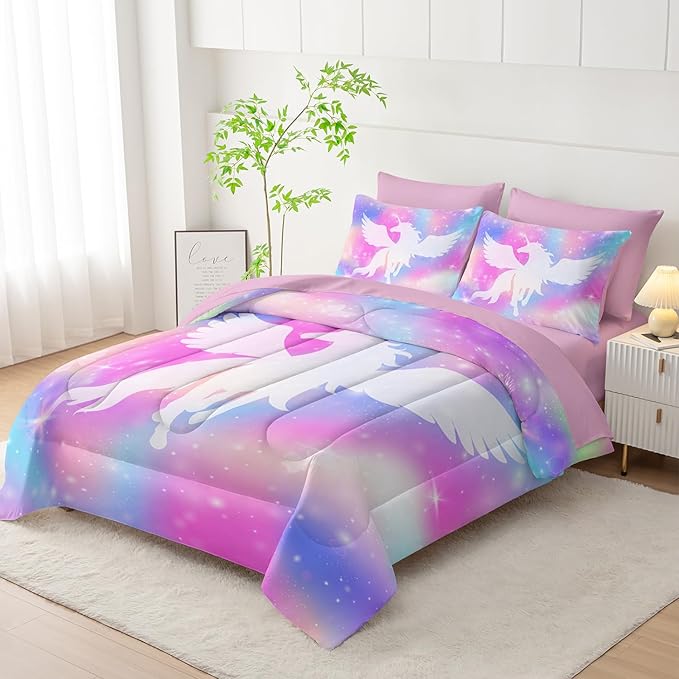 Galaxy Unicorn Bedding Set Twin - Unicorn Comforter Set (7 Piece) - Pegasus Galaxy Kids Bedding, Pink Purple Blue Girls Quilt Set, All Season Microfiber Bed Set with Shams, Flat/Fitted Sheet