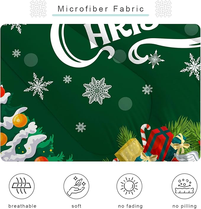 Green Christmas Comforter Set: Full Size Xmas Snowflakes Bedding Sets Cute Santa Claus Quilts Merry Christmas Tree 3 Piece Bed Set for Kids Teens Adults Bedroom Decor