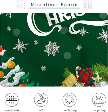Green Christmas Comforter Set: Full Size Xmas Snowflakes Bedding Sets Cute Santa Claus Quilts Merry Christmas Tree 3 Piece Bed Set for Kids Teens Adults Bedroom Decor