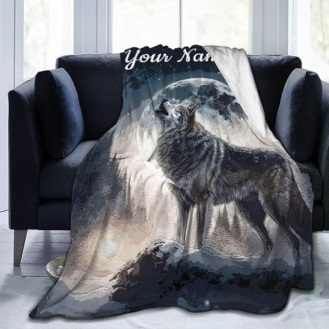 Custom Howling Wolf Blanket with Name for Boys Girls, Personalized Cool Wolf Themed Design Printed Throw Blankets for Kids Lap, Chair, Giftable Blanket, 30"x 40"