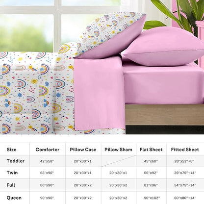 Nesker 7 Pcs Comforter Set Queen Size, Colorful Cartoon Bedding for Kids Teen, Cute Boho Rainbow with Fitted Sheet 2 Pillowcases & 2 Shams for Bedroom Bed Decor