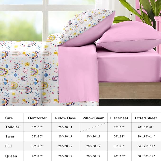 Nesker 5 Pcs Comforter Set Twin Size, Colorful Cartoon Bedding for Kids Teen, Cute Boho Rainbow Bed Sheet with Pillowcase & Sham