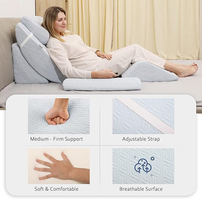 Betterhood 5pcs Orthopedic Bed Wedge Pillow Set, Adjustable Memory Foam, Post Surgery Foam for Back Neck & Leg Pain Relief Support, Acid Reflux, Snoring Reading, Sleeping, Sitting up, Blue