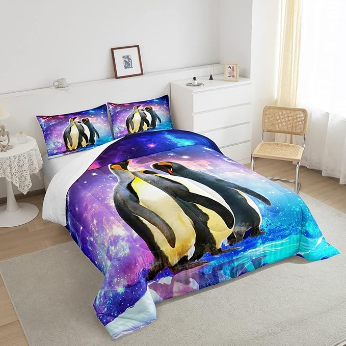 Feelyou Penguin Comforter Set Galaxy Cartoon Penguin Bedding Set for Kids Boys Girls Funny Animal Printed Comforter Cute Polar Animal Pattern Colorful Quilt Set Room Decor 3Pcs Full Size