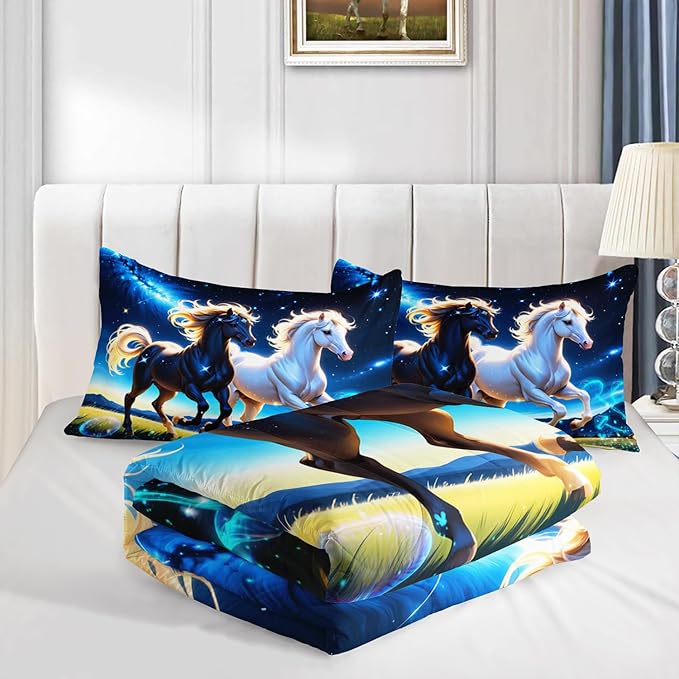 Western Bedding Sets King Size,Farmhouse Animal Theme Prairie Galloping Horse Comforter Set for Kids Girls Boys Room Decor,Dreamy Starry Sky Background Bedding Set with 2 Pillowcases.