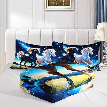 Western Bedding Sets King Size,Farmhouse Animal Theme Prairie Galloping Horse Comforter Set for Kids Girls Boys Room Decor,Dreamy Starry Sky Background Bedding Set with 2 Pillowcases.