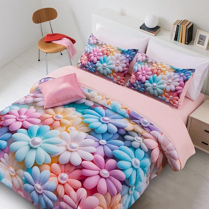 A Nice Night Stunning Blooming 3D Flower Floral Comforter Sets, with Pearl Flower Core Pattern Bedding Set for Girls Queen Size, Ultra Soft Bedding Sets (Blue-Purple, Queen 6Pcs)