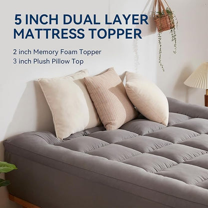 BDEUS Dual Layer 5 Inch Memory Foam Mattress Topper Twin Size, 2 Inch Gel Memory Foam Plus 3 Inch 1450 GSM Down Alternative Quilted Pillow Top Mattress Pad Cover,Dark Gray