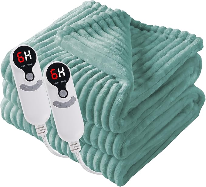 Electric Heated Blanket 84"x90" Queen Size with Cozy Flannel, 6 Heat Settings & 10 Hours Auto Off, Soft & Cozy Warming Throw for Home, Office, or Bed, Machine Washable, Bean Green