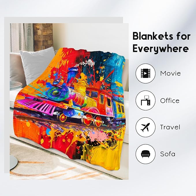 Boys Blanket - Train Blankets Gifts for Toddler Kids - 40x50 Inches Soft Flannel Throw for Room Decor Office