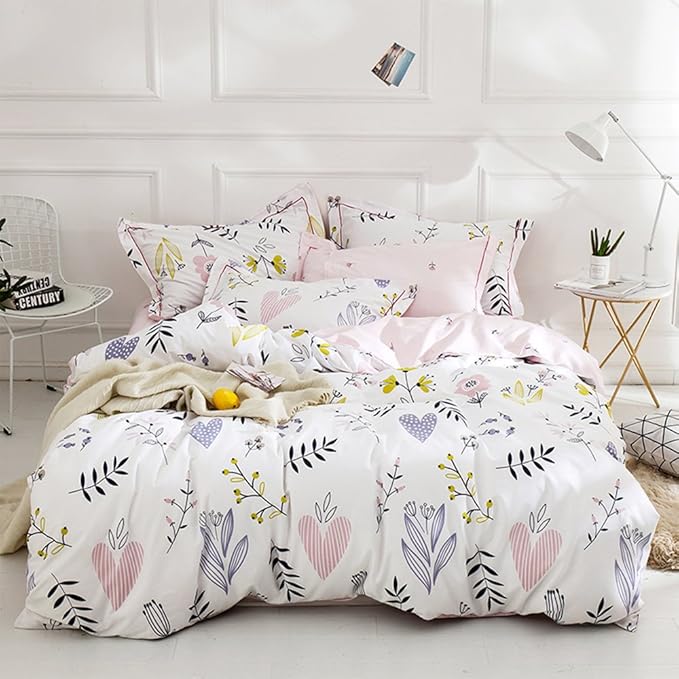 BuLuTu Floral Love Print Girls Duvet Cover Full White/Pink Cotton Premium Blossom Kawaii Reversible Kids Bedroom Comforter Cover Queen Duvet Cover for Toddler,Teen,Lightweight,Zipper Closure