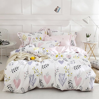 BuLuTu Floral Love Print Girls Duvet Cover Full White/Pink Cotton Premium Blossom Kawaii Reversible Kids Bedroom Comforter Cover Queen Duvet Cover for Toddler,Teen,Lightweight,Zipper Closure