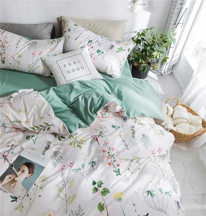 Floral Duvet Cover Queen 100% Soft Cotton 3 Pieces Queen Botanical Bedding Set Reversible Floral Themed Blossom Fresh Plant Duvet Cover, with Zipper Closure, Breathable (No Comforter)