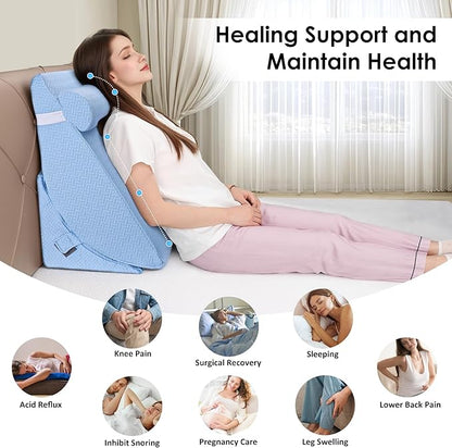 Bed Wedge Pillow for Sleeping, 3PCS Wedge Pillow Set for After Surgery, Adjustable 7 &12 inch Pillow Wedges for Acid Reflux Relief, Back Pain Relief, Sleep Apnea, Sitting Up, Headboard (Light Blue)