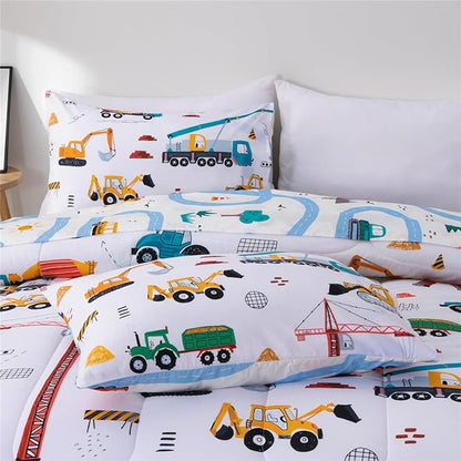NTBED 5 Pieces Construction Truck Twin Comforter Set for Boys Kids Building Vehicles Excavator Lightweight Microfiber Bedding Sets