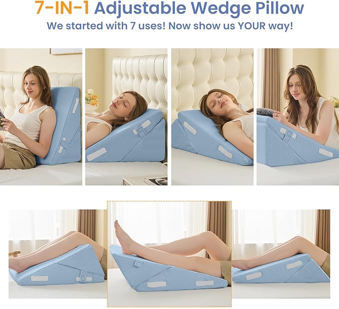 Sasttie Wedge Pillow for After Surgery, Adjustable Bed Wedge Pillow Headboard for Acid Reflux, Sleeping, Neck & Back Support, with Removable Cover, Blue