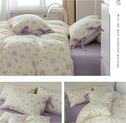 AOJIM Purple Floral Bedding Duvet Cover Full Size, Soft Cotton Comforter Cover Set 3pcs for Kids Adults, 1 Skin-friendly Duvet Cover 80x90'' with Zipper Closure and 2 Pillowcases with Bowknot,No Quilt