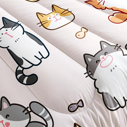Kids Cute Cat Comforter Set Queen Size 3Pcs Cartoon Pet Cat Fishing Bedding Set Lovely Animal Quilt Bed Set for Children Girls Boys Room Decor