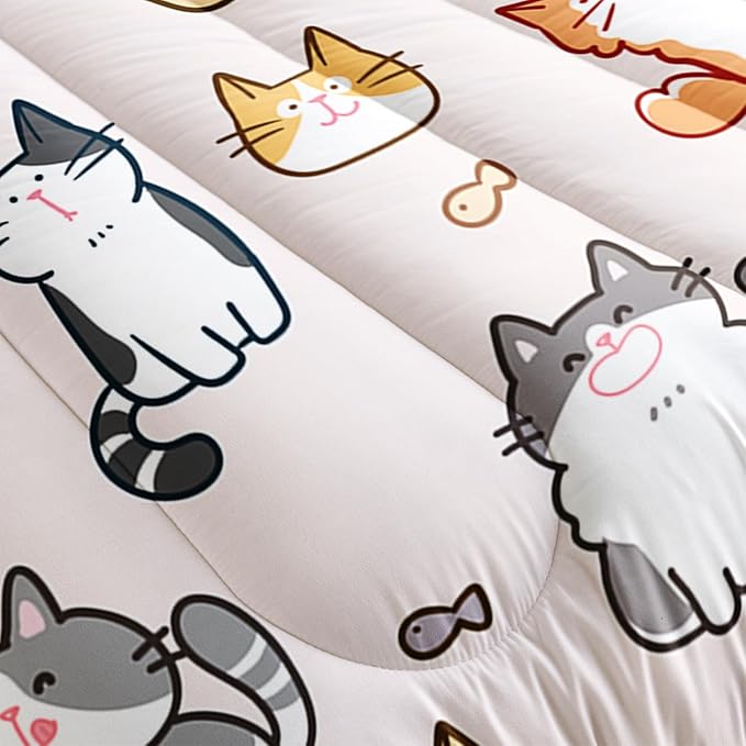 Kids Cute Cat Comforter Set Full Size 3Pcs Cartoon Pet Cat Fishing Bedding Set Lovely Animal Quilt Bed Set for Children Girls Boys Room Decor