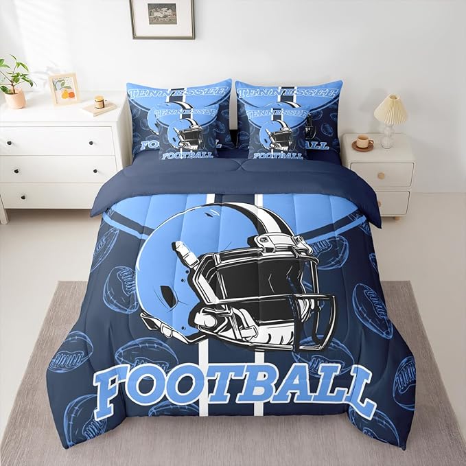 Feelyou Football Comforter Set with Sheets 7 Piece Twin Size Ball Games Bedding Set for Kids Boys Girls Rugby Bed in a Bag City of Footballs Room Decor Rugby Sports Soft Lightweight