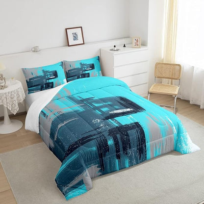 Abstract Comforter Modern Abstract Art Comforter Set for Boys Girls Children Teal Blue Pattern Bedding Set Room Decor Toddler Size Duvet Set 2Pcs