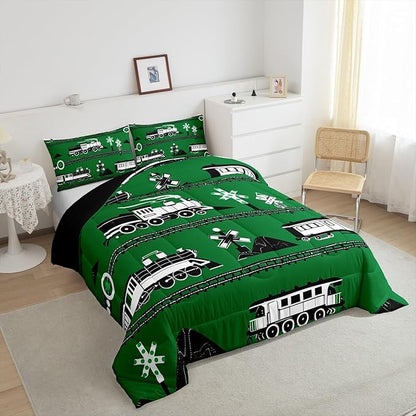 Erosebridal Boys Train Queen Comforter Set Cartoon Car Toddler Bedding, Traffic Transportation Track Bedding Comforter Sets Vintage Steam Engine Railway Decor Quilt Set Room 3Pcs, Green White Black