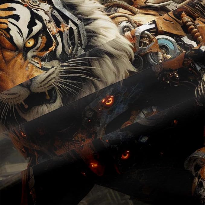 Tiger Bed Sheets Mechanical Style Full Size with A Pillow Cases Standard Size, Black Tiger Print Sheet Set for Kids Boys Girls Gorgeous Animal Skin Bedroom Decor, Animal Fitted Flat Sheet