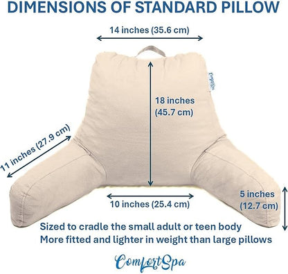 ComfortSpa Reading Pillow for Kids Teens Adult, Back Rest Pillow with Arms, Pockets, Washable Cover; Use as a Back Pillow for Bed Sitting Up for Bedrest or Relief from GERD Heartburn (Standard Cream)