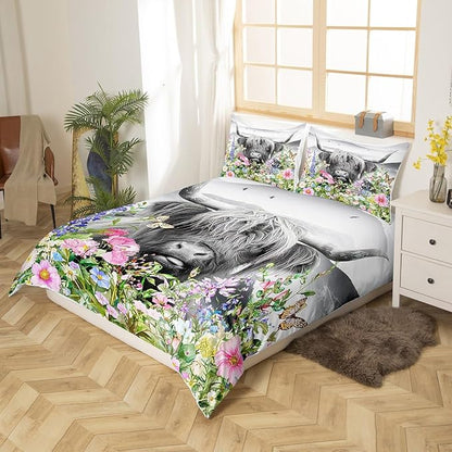 Highland Cow Duvet Cover Twin,Watercolor Flowers Cowhide Bedding Set for Kids Teens Girls Boys Room Decor,Rustic Farmhouse Comforter Cover Cute Animals Plants Quilt Cover with 1 Pillowcase