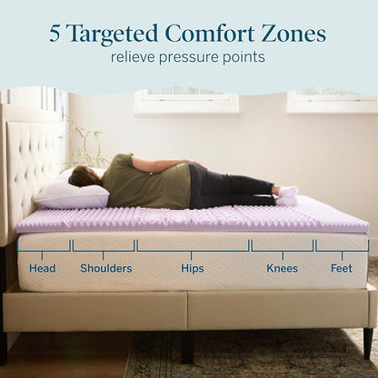 LUCID Lavender Infused 2 Inch Memory Foam Mattress Topper with 5 Zones – Queen Size – Plush Feel – CertiPUR Certified – Dorm Room Essentials