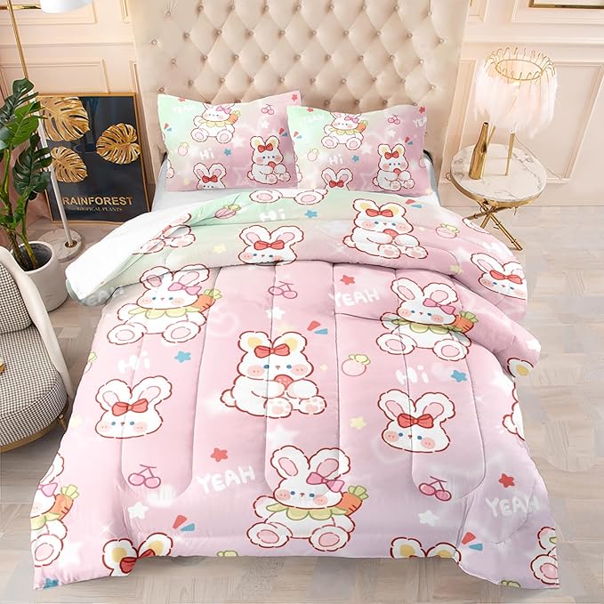 CVHOUSE Kawaii Rabbit Comforter Set Twin Size, Cartoon Pink Bedding for Kids, Cute Quilt Set With Strawberry Duvet, Bedroom Decor 3 Pieces