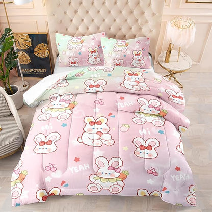 CVHOUSE Kawaii Rabbit Comforter Set Twin Size, Cartoon Pink Bedding for Kids, Cute Quilt Set With Strawberry Duvet, Bedroom Decor 3 Pieces