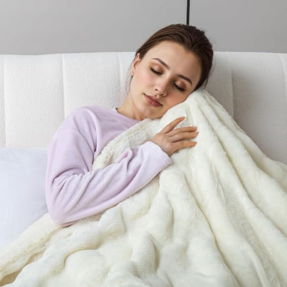 Heated Blanket Electric Queen- 84"x90" Soft Thick Faux Fur Electric Blanket for Sofa with 5 Heat Levels & 10 Hours Auto-Off Overheat Protection, Warm Cozy Gifts, Cream
