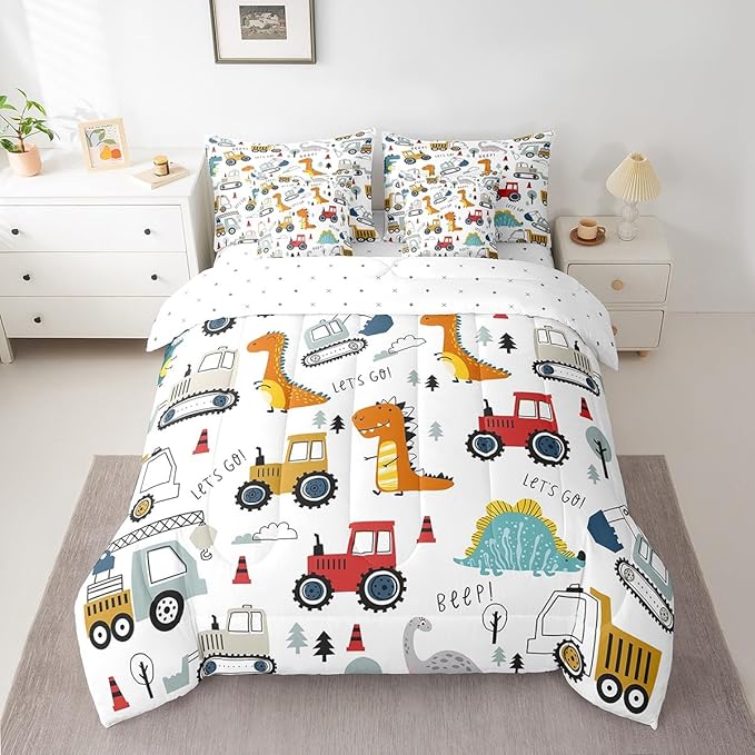 Feelyou Construction Comforter Set with Sheets 7 Piece Twin Size Kids Cartoon Dinosaur Bed in a Bag for Boys Equipment Trucks Bedding Set Construction Vehicles Kawaii Jungle Dino Bed Set Room Decor