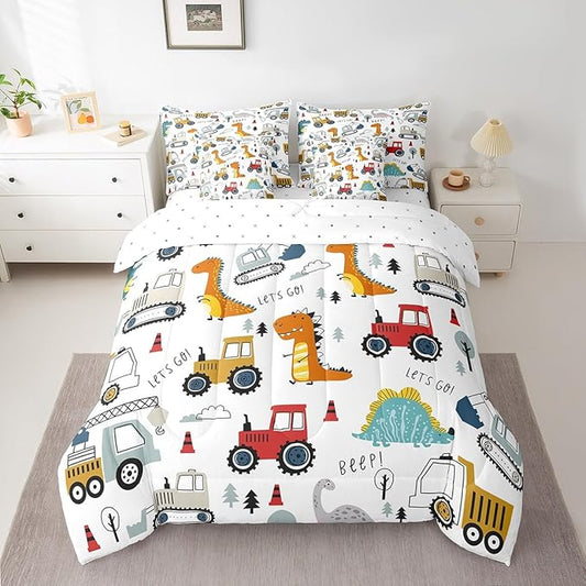 Feelyou Construction Comforter Set with Sheets 7 Piece Twin Size Kids Cartoon Dinosaur Bed in a Bag for Boys Equipment Trucks Bedding Set Construction Vehicles Kawaii Jungle Dino Bed Set Room Decor