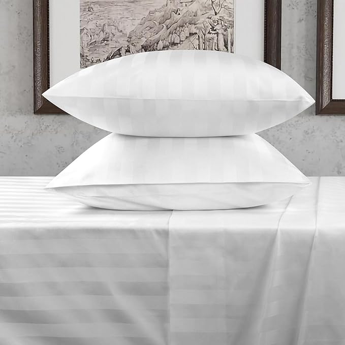 URBANHUT 1000 Thread Count Pure Cotton Damask Striped Twin Size Sheets Set (4 Pc) - Ultra Soft & Smooth, Thick & Crisp Sateen Weave Full Bedding Set, Fits Upto 16" Mattress - White