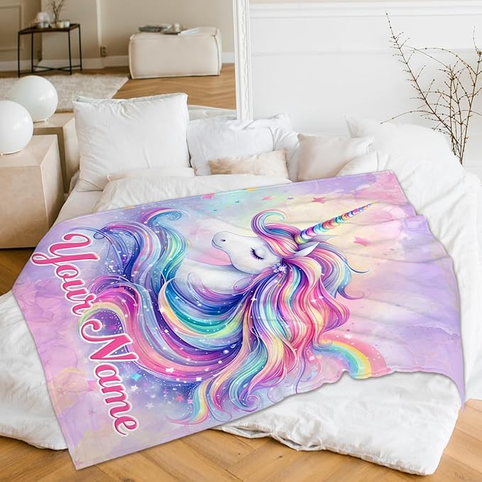 Personalized Unicorn Blanket, Cute 60 x 50 Inches Soft Cozy Blanket, Gift for Girls Women, Unicorn Lovers, Soft Warm Fuzzy Throw Blanket for Bed, Living Room, Home Decor