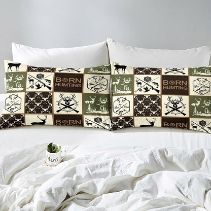 Hunting Deer Antler Duvet Cover Set King Size,Fishing Arrow Wild Animal Comforter Cover with 2 Pillowcases,Green Geometric Plaid Modern Bedding Set for Adult Young Bedroom Xmas Gift