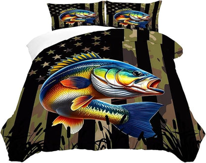 Bass Fish Comforter Set King Size American Flag Bedding Set for Men Boys Teens Green Fishing Lover Bedroom Camouflage Farmhouse Bed Set Wild Quilted, 1 Comforter 2 Pillowcases