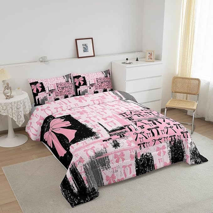 Feelyou Pink Grey Black Comforter Full Size Bowknot Comforter Set for Boys Girls Children Coquette Bows Bedding Set Room Decor Watercolor Bow Duvet Set 3Pcs
