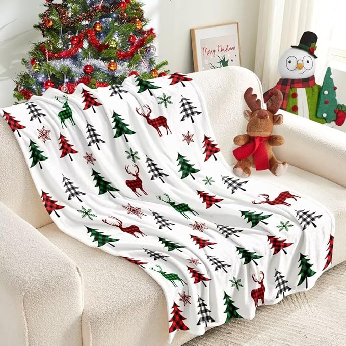 Christmas Tree Deer Flannel Throw Blanket Soft Plush for Couch Sofa Bed Christmas Home Decor 50x60