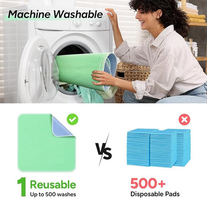 WhyWorry Washable Bed Pads for Adult Incontinence, 34" x 36" (Pack of 4) Washable Pee Pads for Bed Wetting, Heavy Absorbency Reusable Underpads for Elderly & Kids, Waterproof Mattress Protector, Green