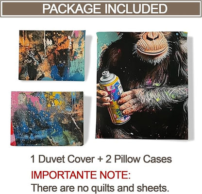 Chimpanzee Duvet Cover California King, Street Graffiti Gorilla Bedding Set Bedroom Decor Fun Colorful Comforter Cover and 2 Pillow Sham with Zipper Closure
